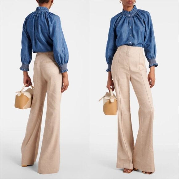 Veronica Beard Pants - Veronica Beard Komi Flared Seamed Linen-Blend Pants High Rise Pocket Sand